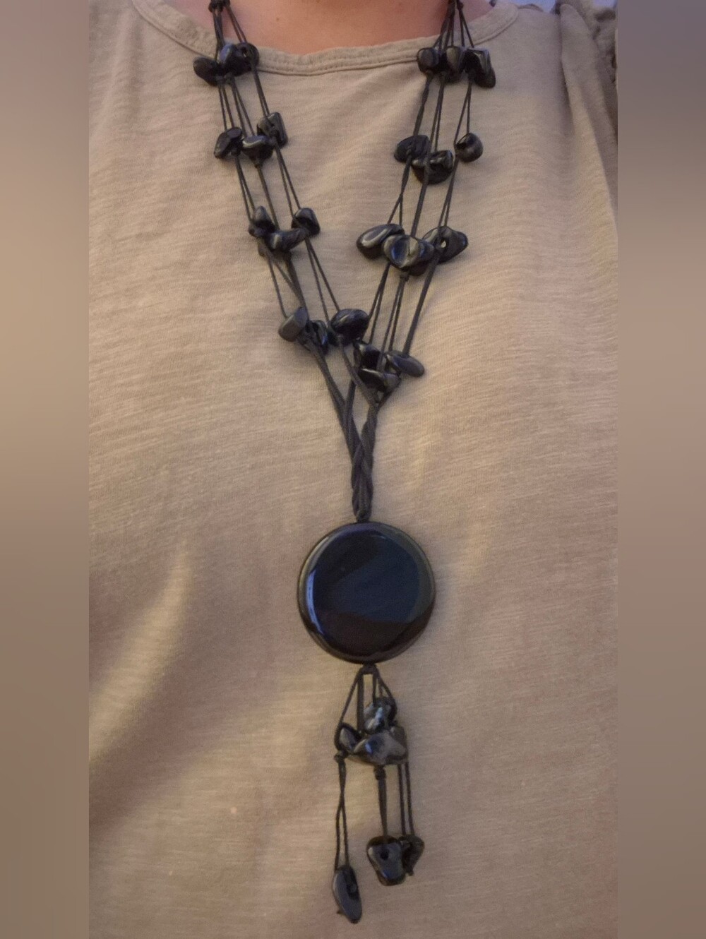 Vintage Black Multi-Strand Agate Gemstone Necklace